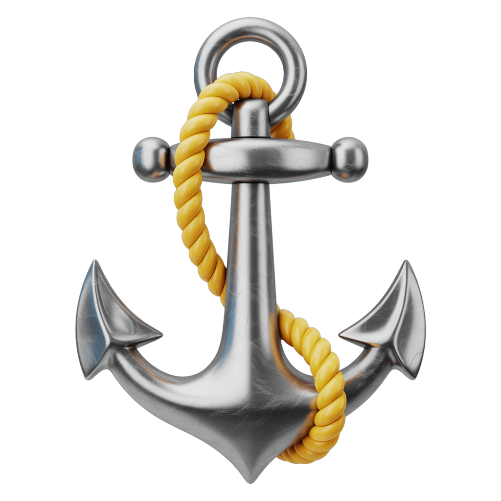 3d anchor graphic element with yellow rope for nautical themes and maritime branding PNG - transparent background