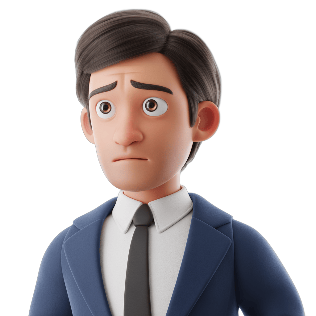 3d animated man in blue suit and tie looking surprised or confused for presentations and business graphics PNG - transparent background