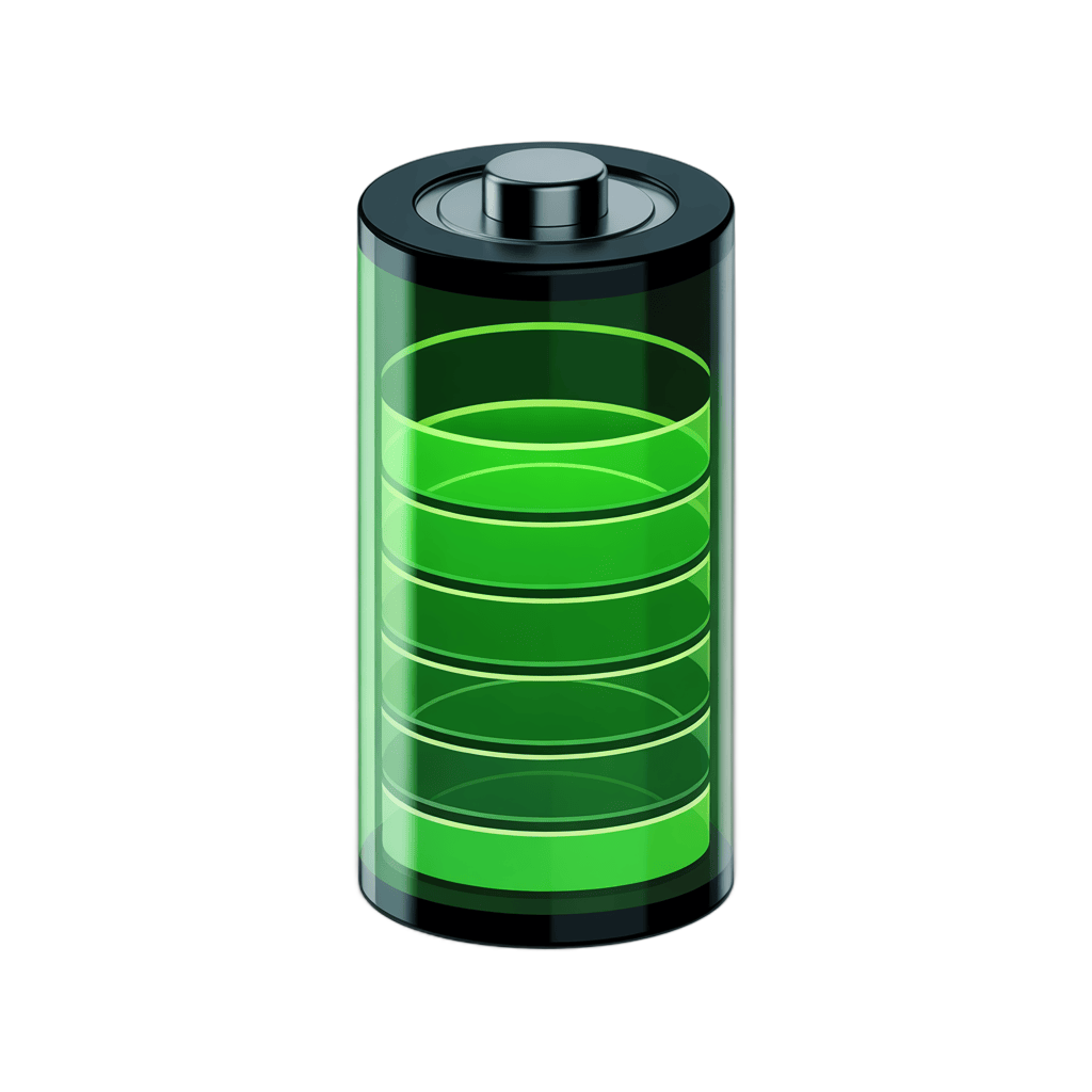 3d cartoon battery icon with green energy level indicator for digital design and presentations PNG - transparent background
