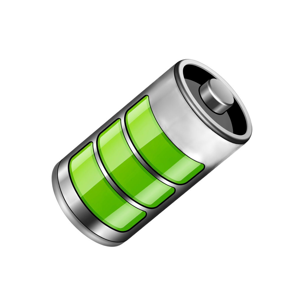 3d cartoon battery icon with green power indicator for digital design and presentations PNG - transparent background