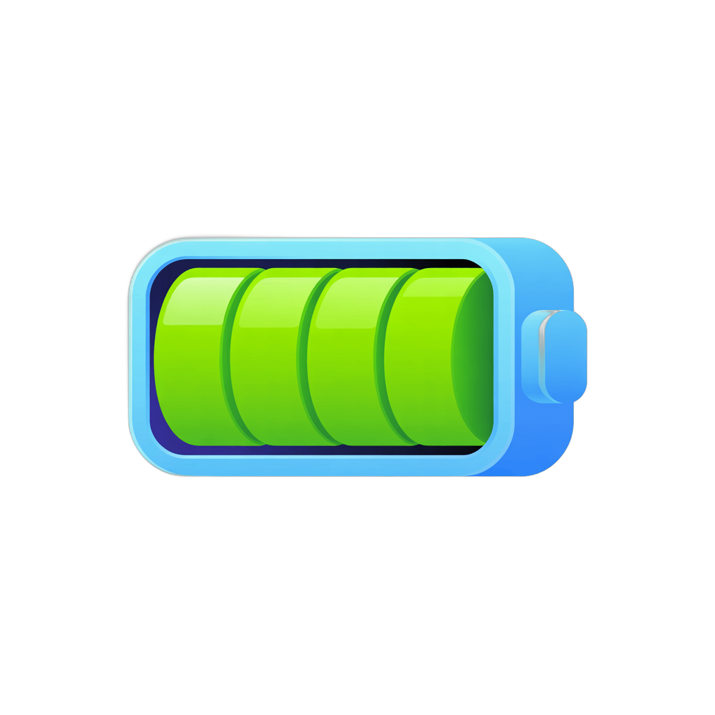 3d cartoon battery icon with green power level indicator for app interface design PNG - transparent background