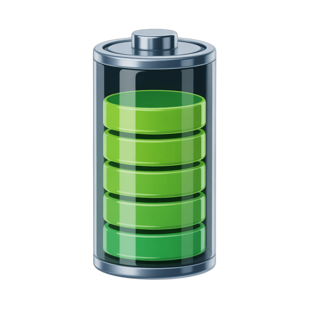 3d cartoon battery icon with green power level indicator for energy apps and websites PNG - transparent background