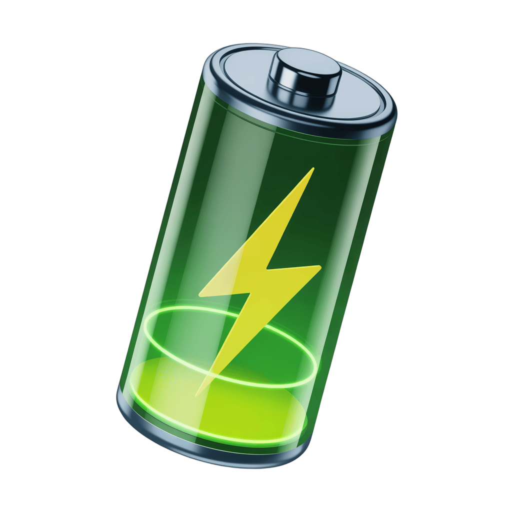 3d cartoon battery icon with lightning bolt energy symbol for power apps and tech graphics PNG - transparent background