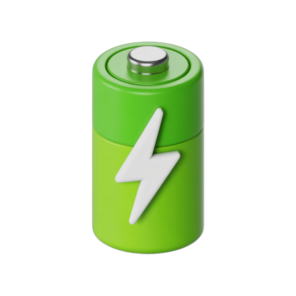 3d cartoon battery icon with lightning symbol for energy renewable eco green technology graphics PNG - transparent background