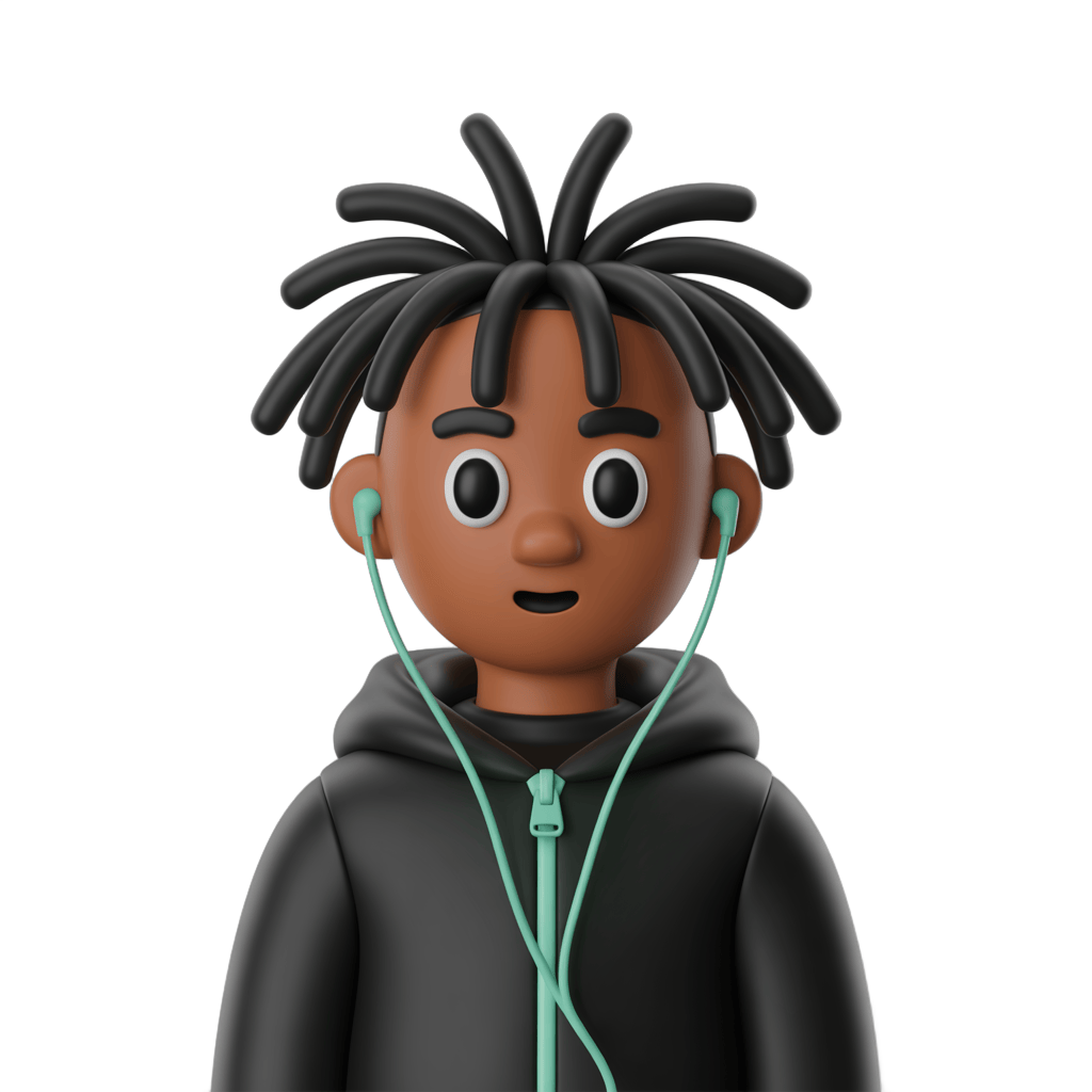 3d cartoon boy with dreadlocks listening to music with wireless earbuds isolated clipart PNG - transparent background