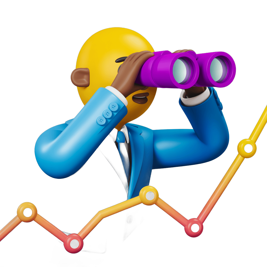 3d cartoon businessman using binoculars to analyze upward stock market growth chart PNG - transparent background