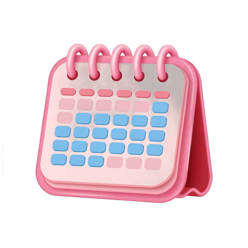 3d cartoon calendar clipart for planning events and schedules in pink color PNG - transparent background