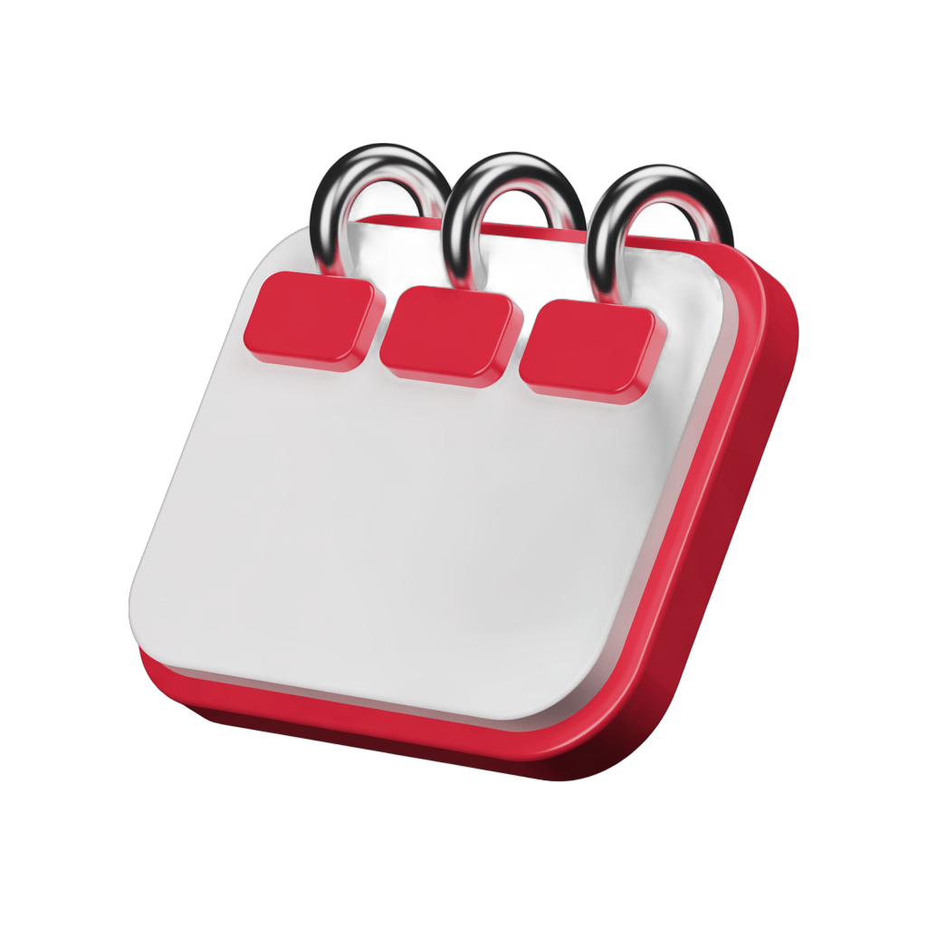 3d cartoon calendar clipart with metal rings and red buttons for scheduling and planning designs PNG - transparent background