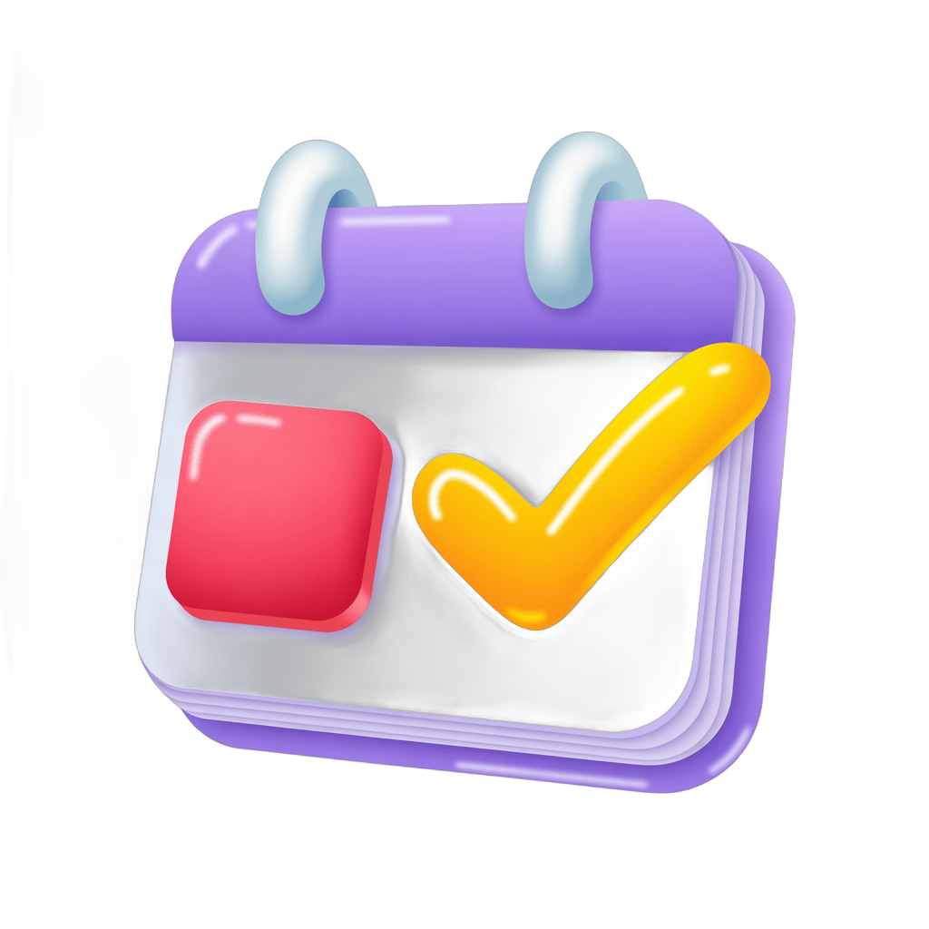 3d cartoon calendar page with checkmark and red cross for task management and planning PNG - transparent background