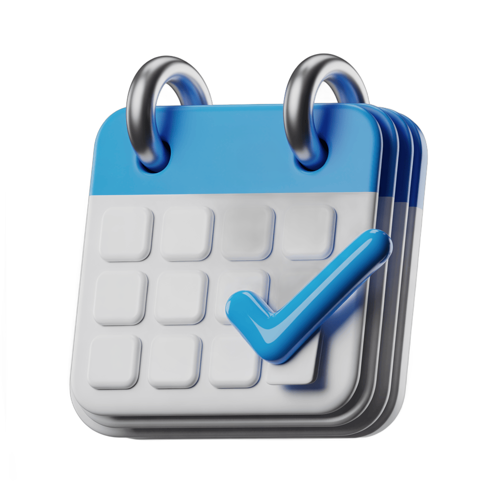 3d cartoon calendar page with checkmark icon for task completion and scheduling success PNG - transparent background