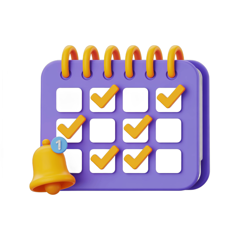 3d cartoon calendar with checked tasks and notification bell for productivity and planning PNG - transparent background