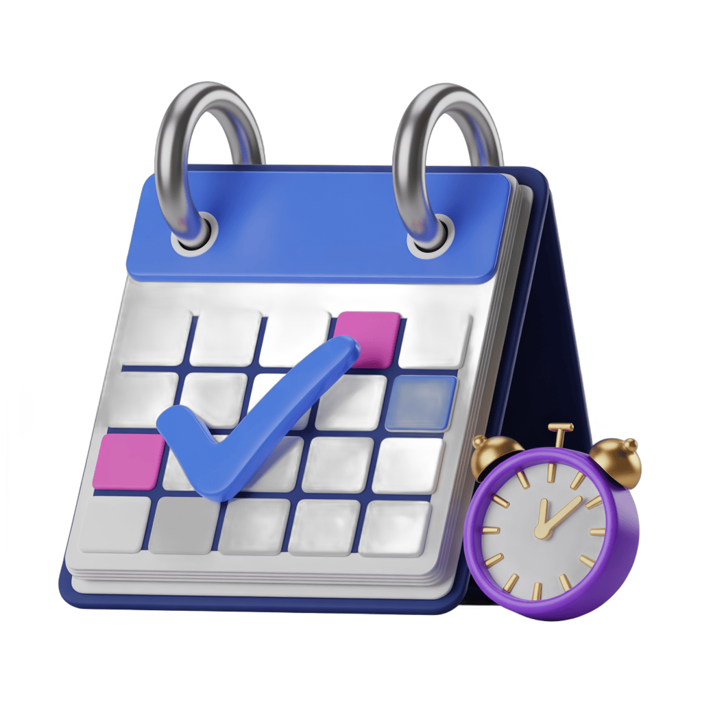 3d cartoon calendar with checkmark and timer for task management and productivity planning PNG - transparent background