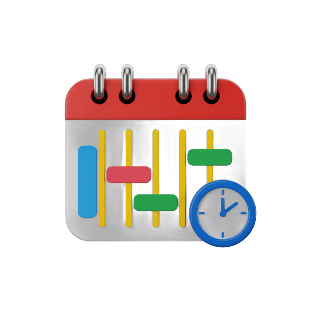 3d cartoon calendar with clock and volume controls for scheduling and event planning graphics PNG - transparent background