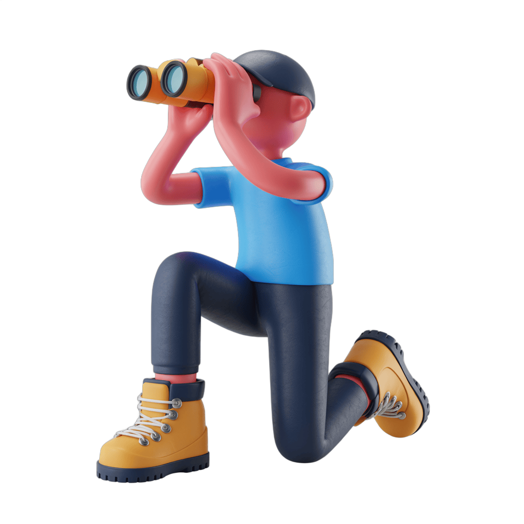 3d cartoon character kneeling with binoculars exploring nature outdoor adventure illustration PNG - transparent background