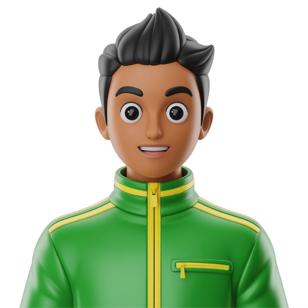 3d cartoon character wearing green sports jacket with yellow trim for digital illustrations and presentations PNG - transparent background