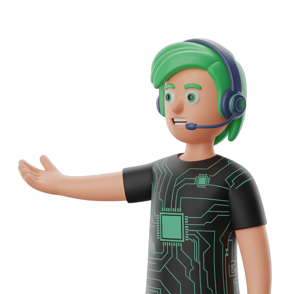 3d cartoon character with headset explaining technology concepts for educational content PNG - transparent background