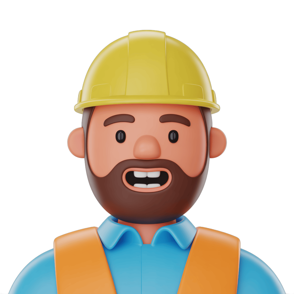 3d cartoon construction worker surprised by unexpected event in safety gear PNG - transparent background