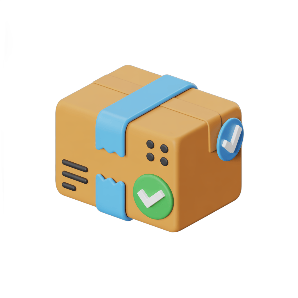 3d cartoon delivery box with checkmark and shipping icons for online order confirmation graphics PNG - transparent background