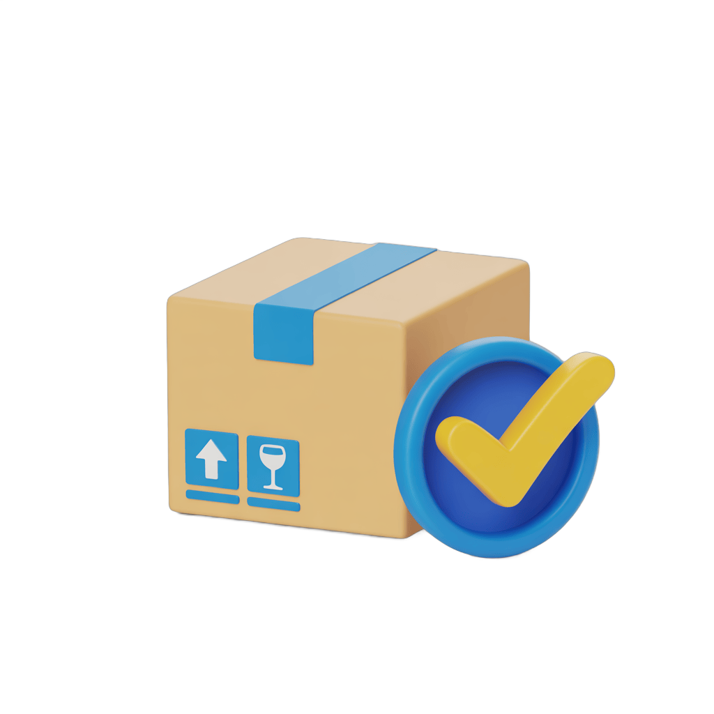 3d cartoon delivery confirmation box with wine glass icon for ecommerce success PNG - transparent background