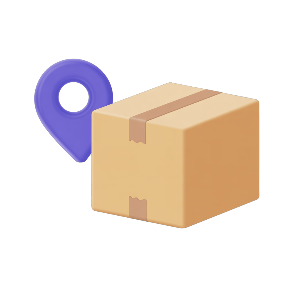 3d cartoon delivery location pin icon with shipping box for web design and app interfaces PNG - transparent background