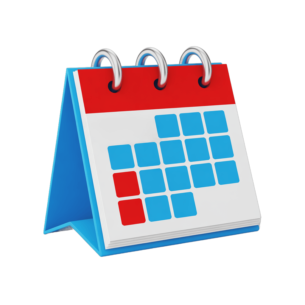 3d cartoon desk calendar with red and blue squares for planning and scheduling events PNG - transparent background