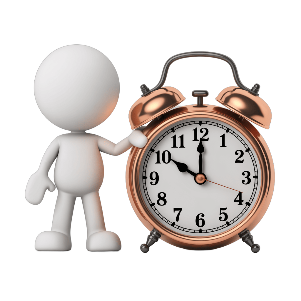 3D cartoon figure holding vintage alarm clock for time management and productivity graphics PNG - transparent background