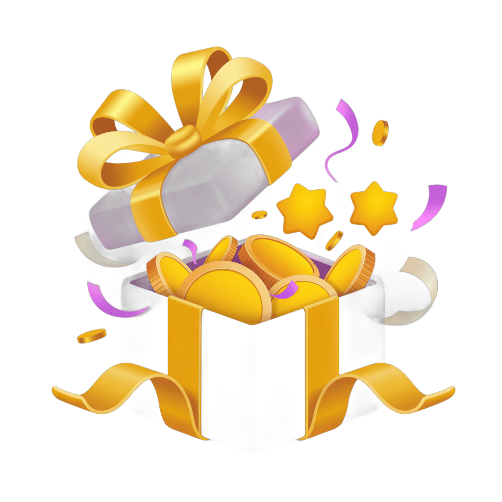 3d cartoon gift box opening with gold coins and celebration stars for holiday promotions PNG - transparent background