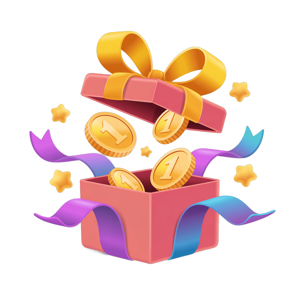 3d cartoon gift box spilling gold coins with celebratory stars and ribbons for winning awards or promotions PNG - transparent background