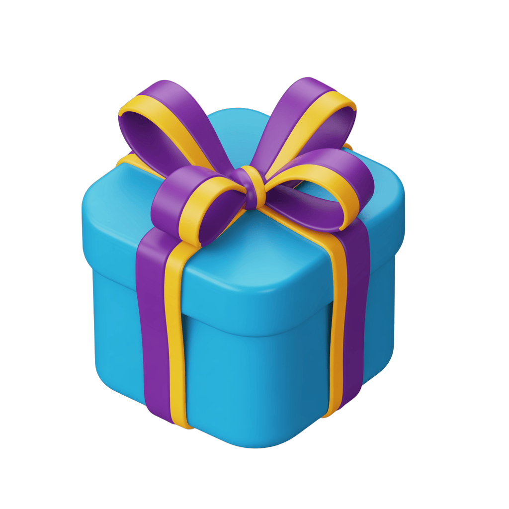 3d cartoon gift box with purple and yellow ribbon for birthday celebration presentation PNG - transparent background