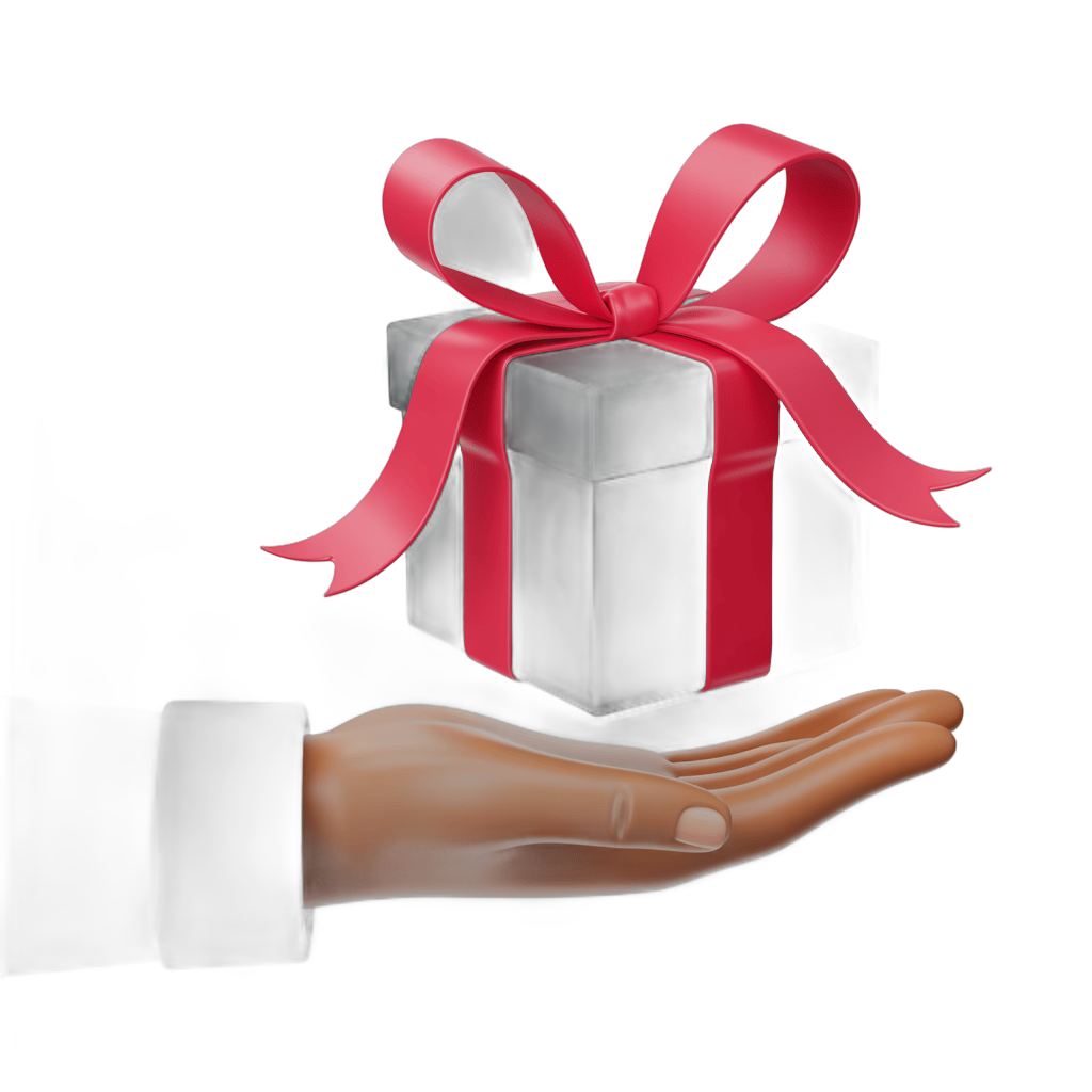 3d cartoon gift box with red ribbon presented in hand for holiday presents and celebrations PNG - transparent background