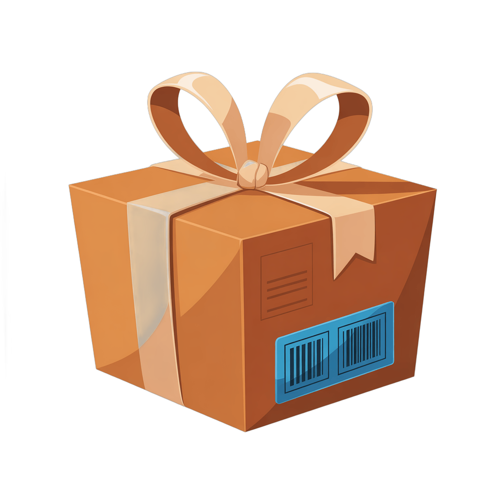 3d cartoon gift box with ribbon and barcode for online shopping and delivery packaging design PNG - transparent background