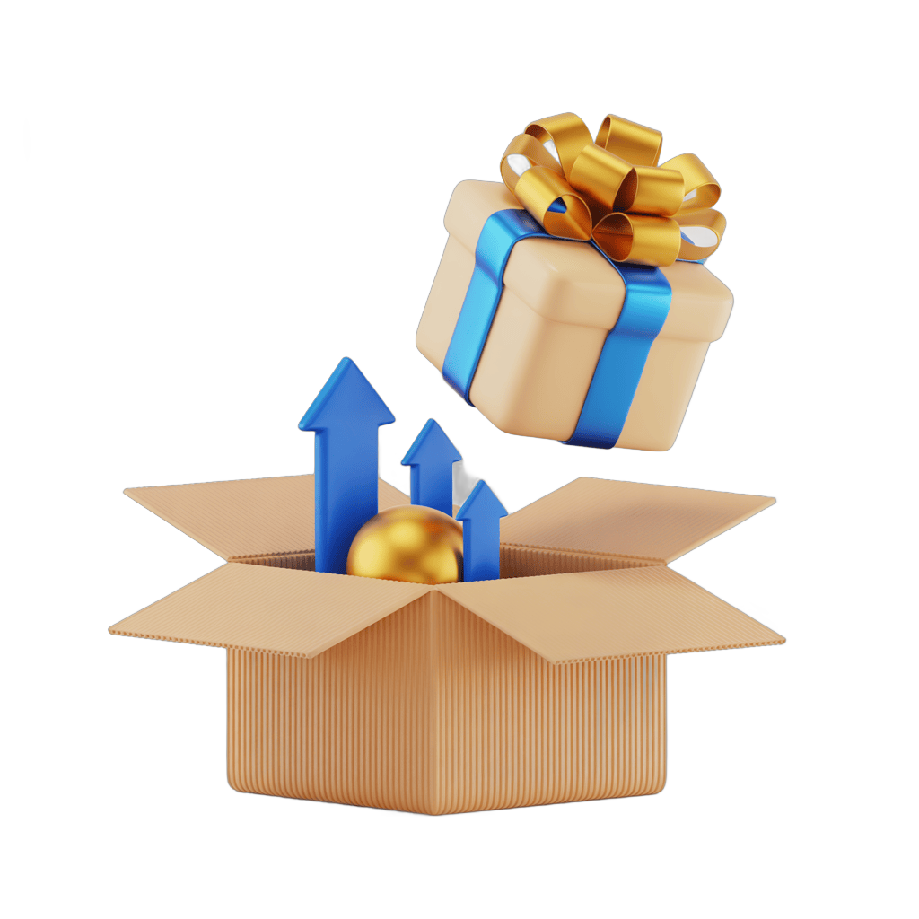 3d cartoon gift box with upward arrows and golden coin rising from open box PNG - transparent background