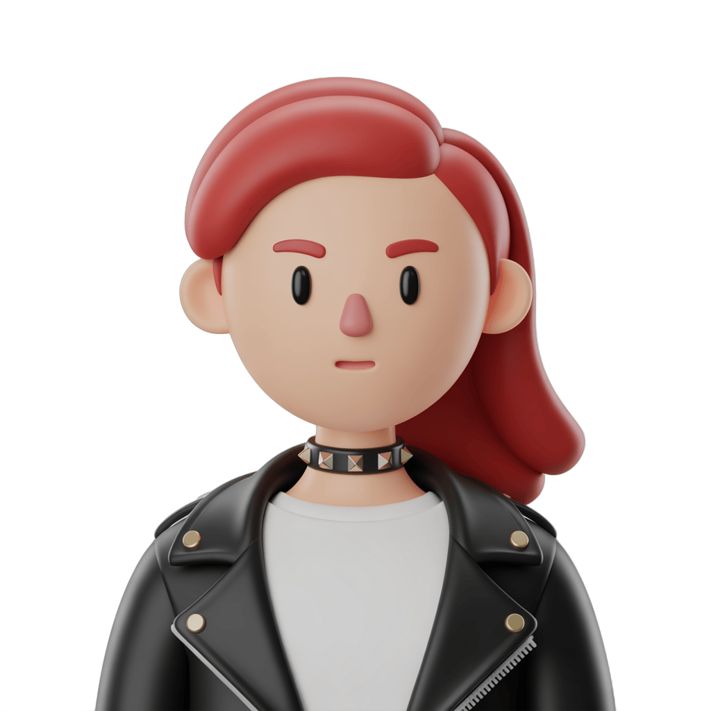 3d cartoon girl with red hair wearing black leather jacket and choker for digital illustrations and branding PNG - transparent background