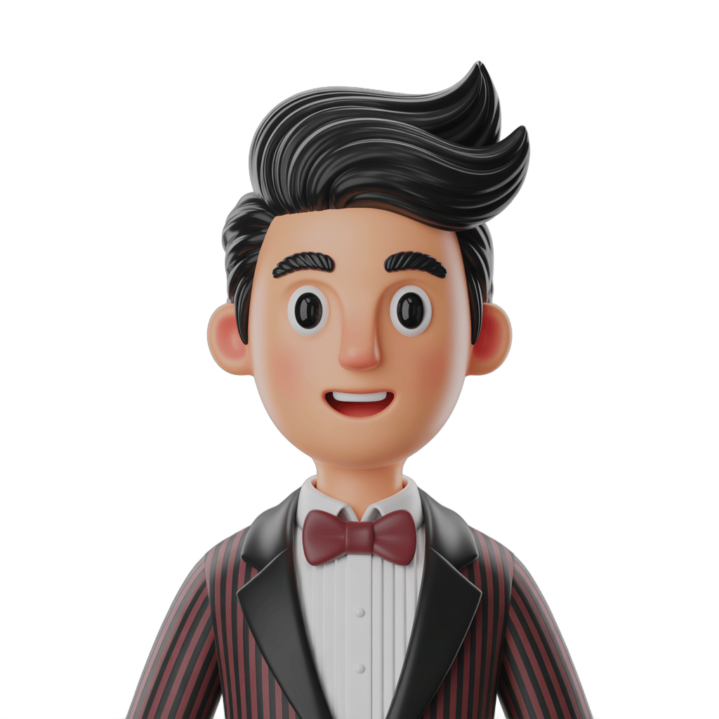 3d cartoon man in tuxedo bowtie smiling for formal event invitation design PNG - transparent background