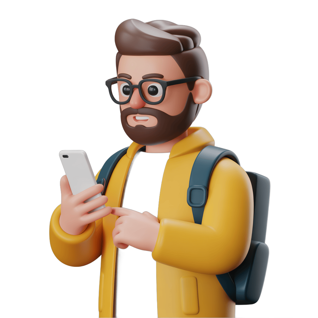 3d cartoon man wearing glasses and yellow jacket using smartphone with backpack for app design PNG - transparent background