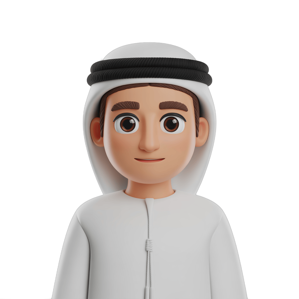 3d cartoon man wearing traditional arabian white robe and black headband isolated clipart graphic PNG - transparent background