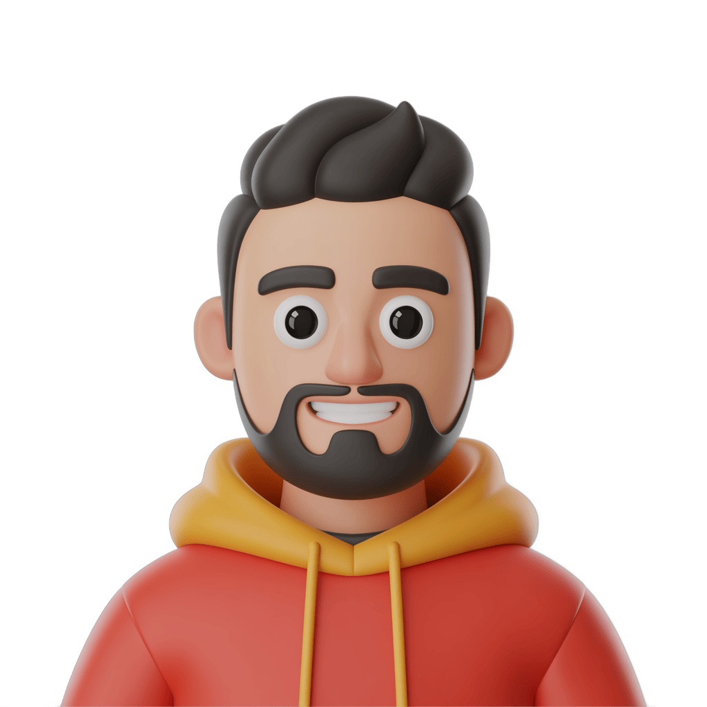 3d cartoon man with beard smiling in red hoodie for digital illustrations and presentations PNG - transparent background