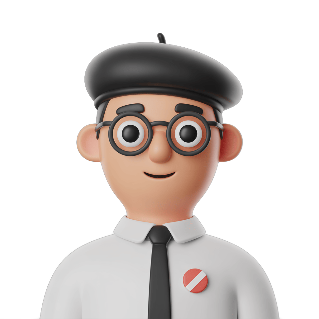 3d cartoon man with beret and glasses wearing a tie for presentations and corporate illustrations PNG - transparent background