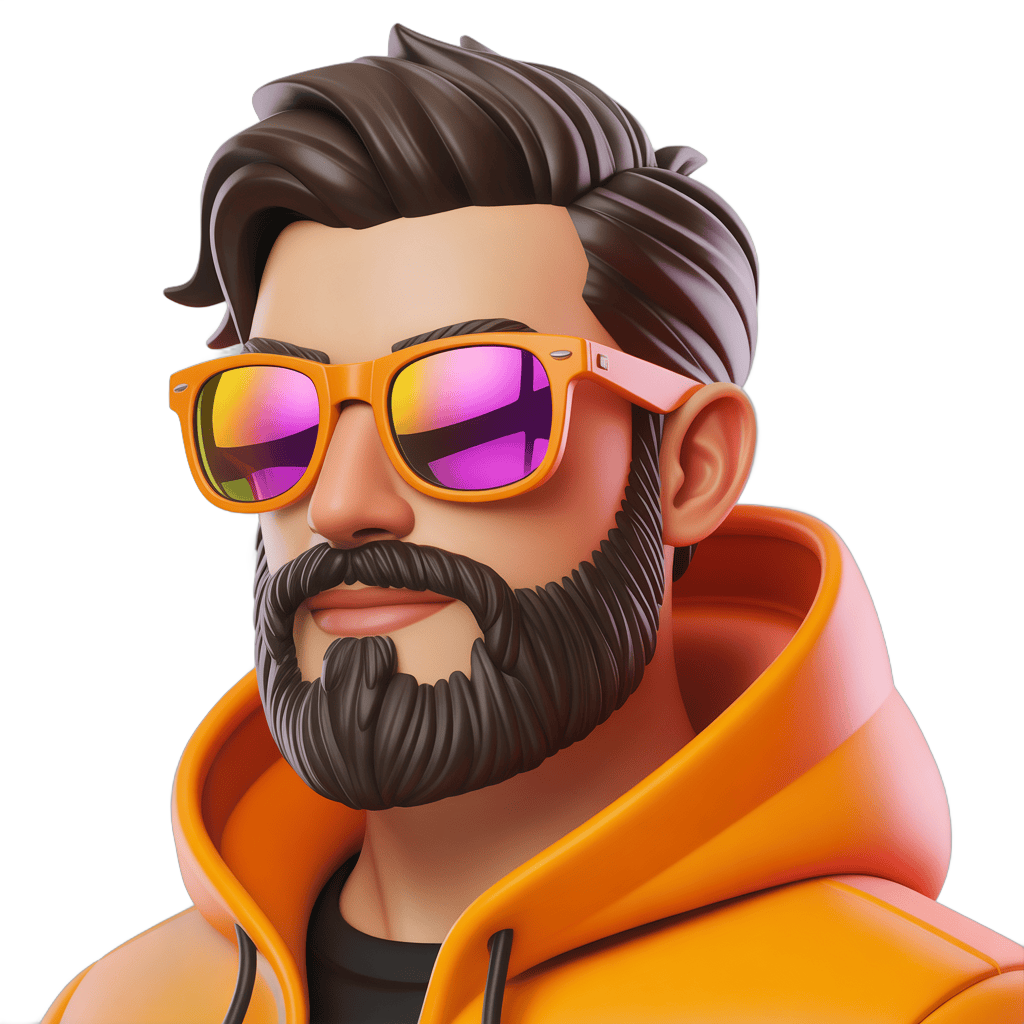 3d cartoon man with colorful sunglasses and beard wearing orange hoodie for digital illustrations PNG - transparent background