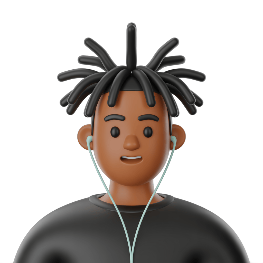 3d cartoon man with dreadlocks listening to music with wireless earbuds isolated clipart PNG - transparent background