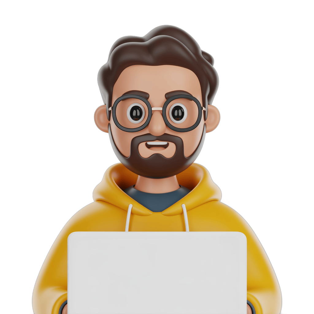 3d cartoon man with glasses holding laptop for presentations and digital content creators PNG - transparent background