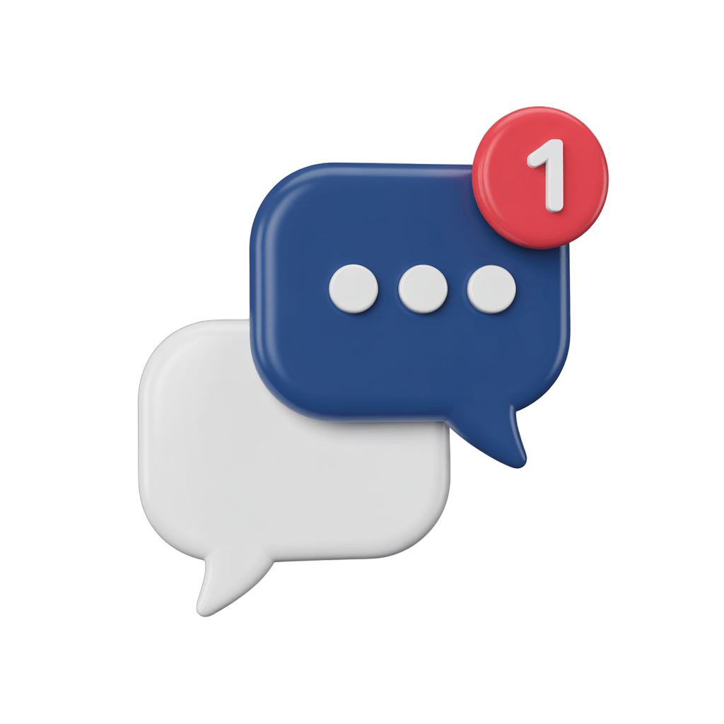 3d cartoon notification bubble with one new message alert icon for app design and user interface PNG - transparent background