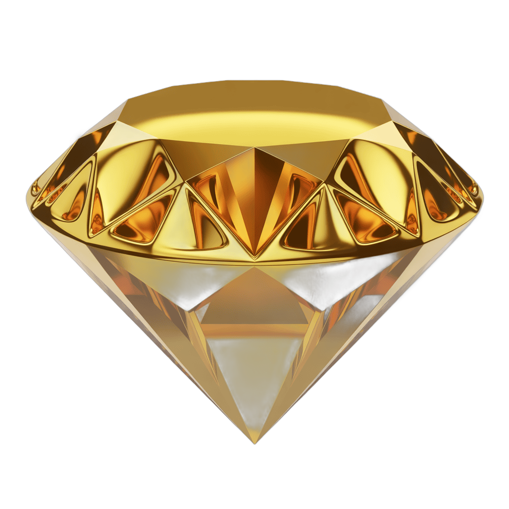 3d cartoon render of a large faceted golden diamond gemstone graphic element for luxury branding PNG - transparent background