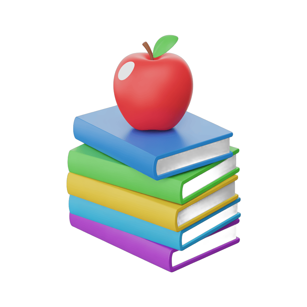3d cartoon stack of colorful books with apple on top for education and school graphics PNG - transparent background