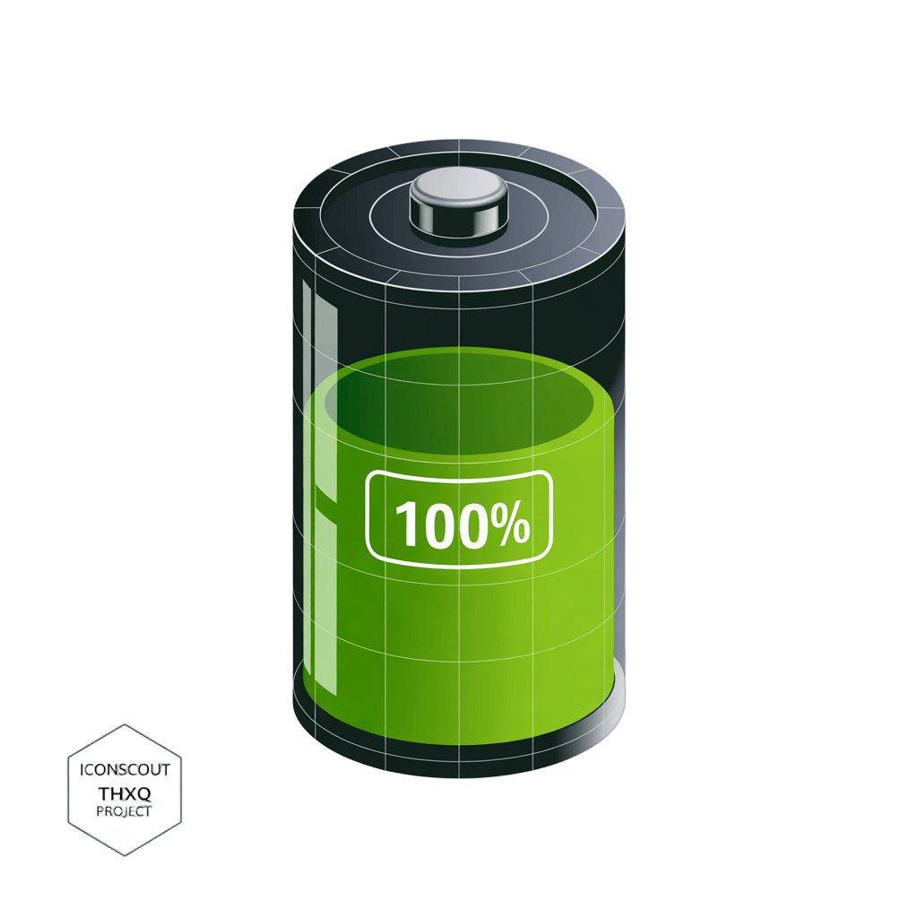 3d cartoon style battery icon showing full 100 percent charge for app interface and website design PNG - transparent background
