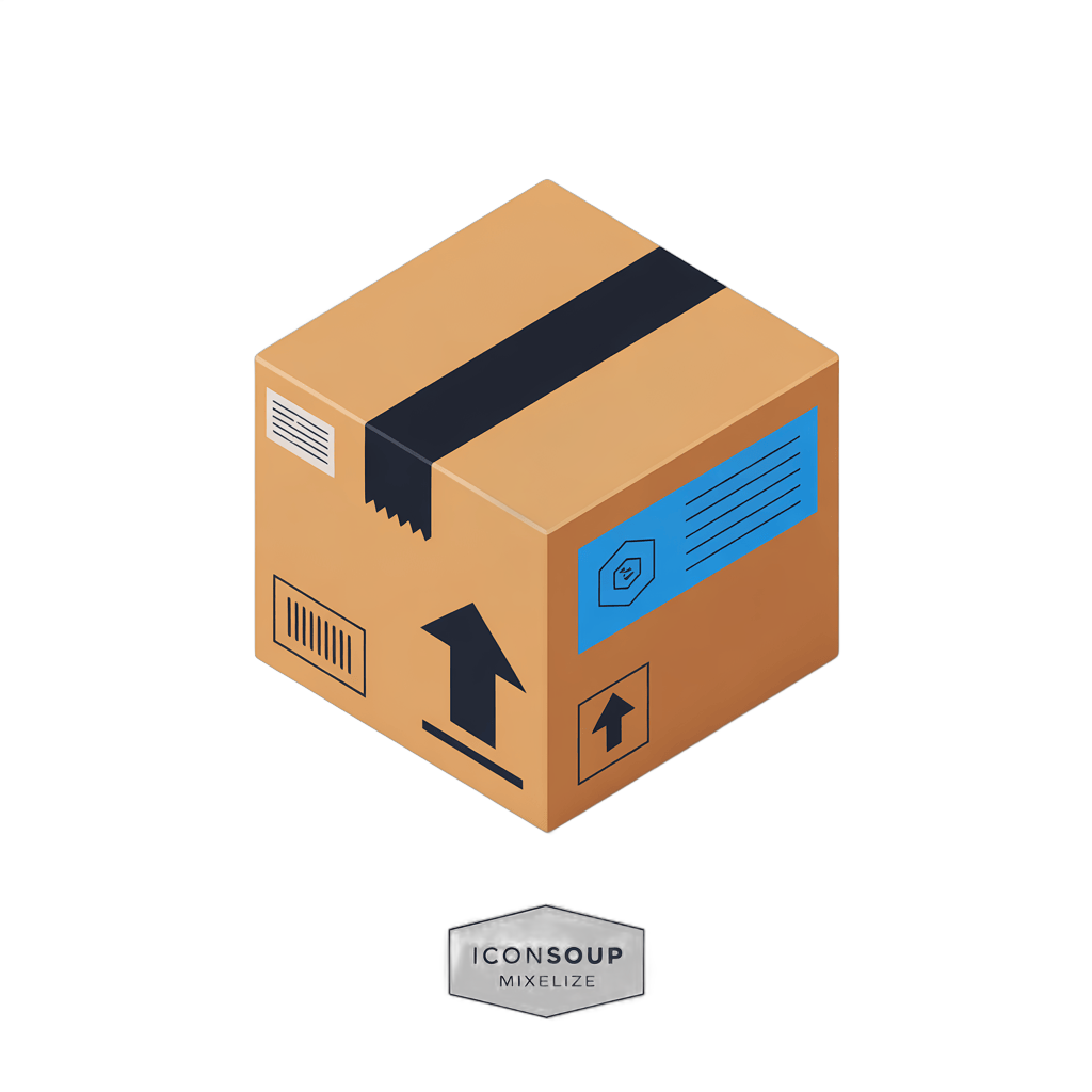 3d cartoon style box with shipping tape and delivery arrow for ecommerce website design PNG - transparent background
