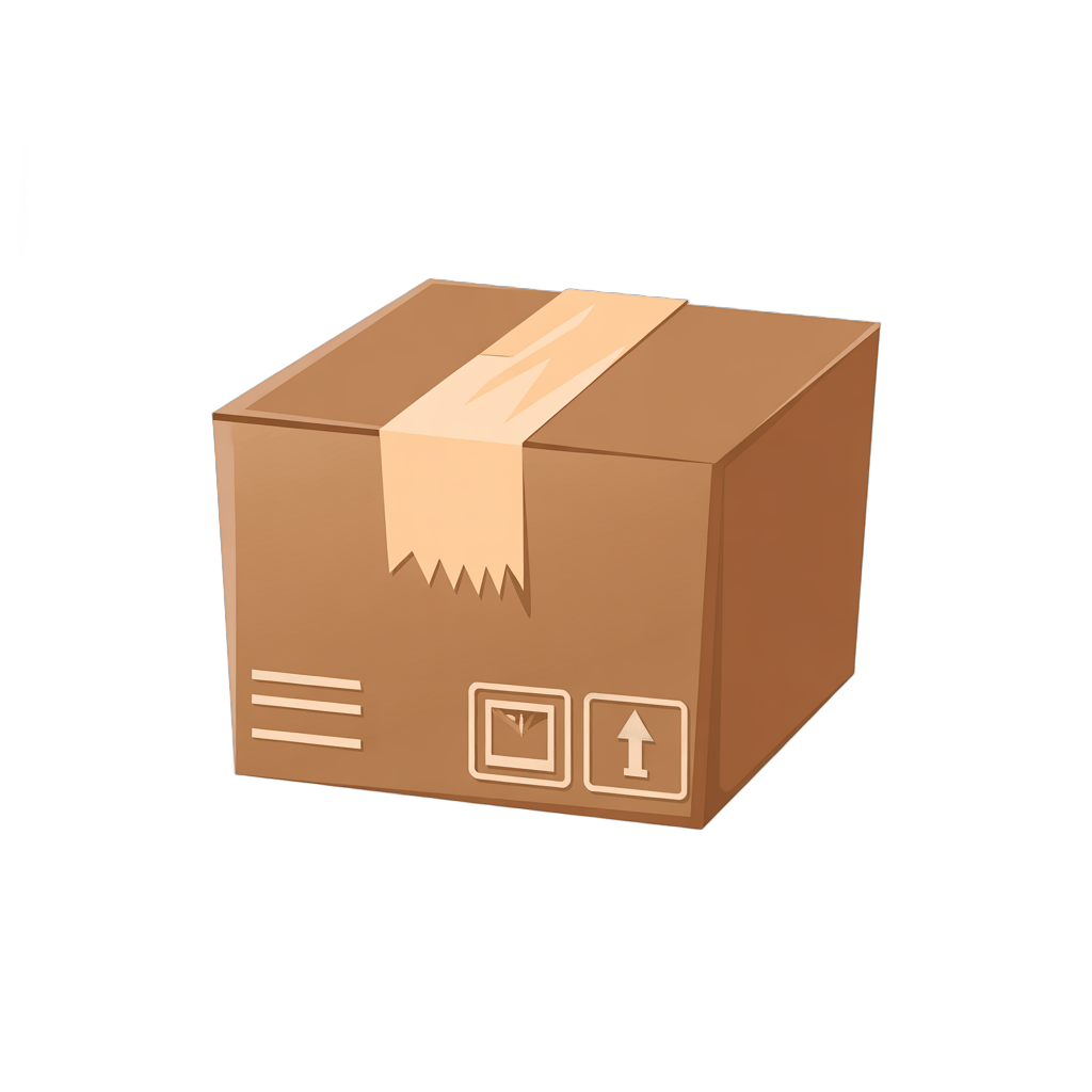 3d cartoon style brown cardboard box with handle and delivery icons for packaging design PNG - transparent background