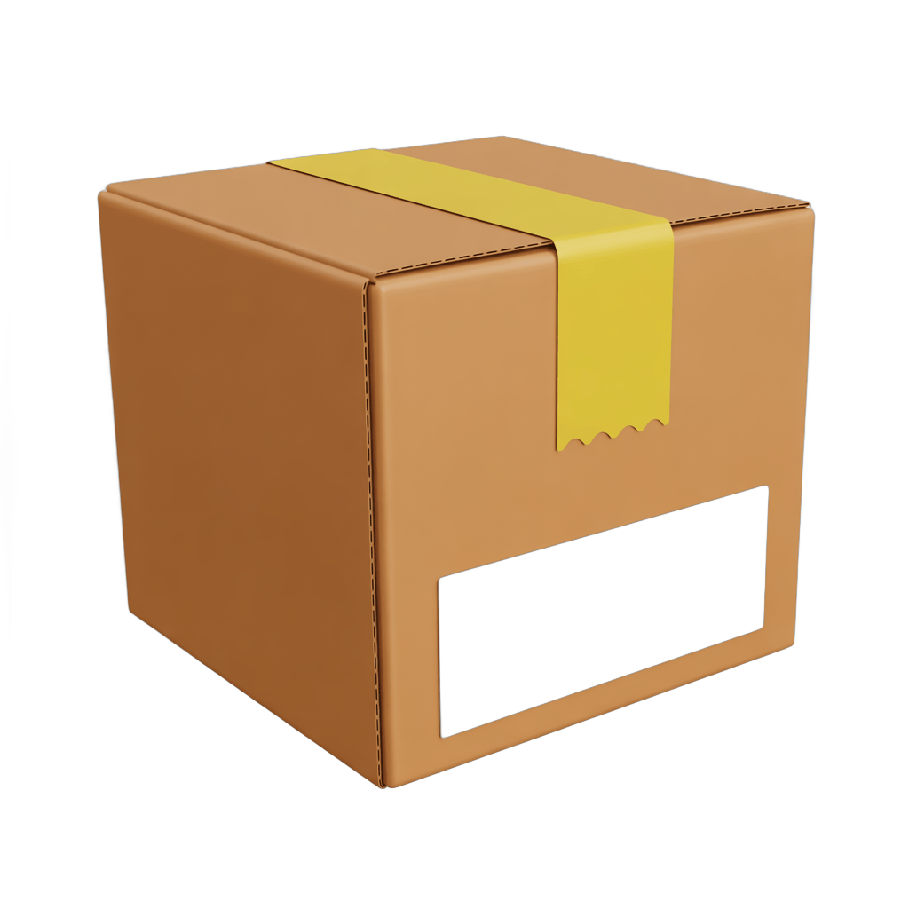 3d cartoon style brown cardboard box with yellow shipping tape isolated on transparent background PNG - transparent background