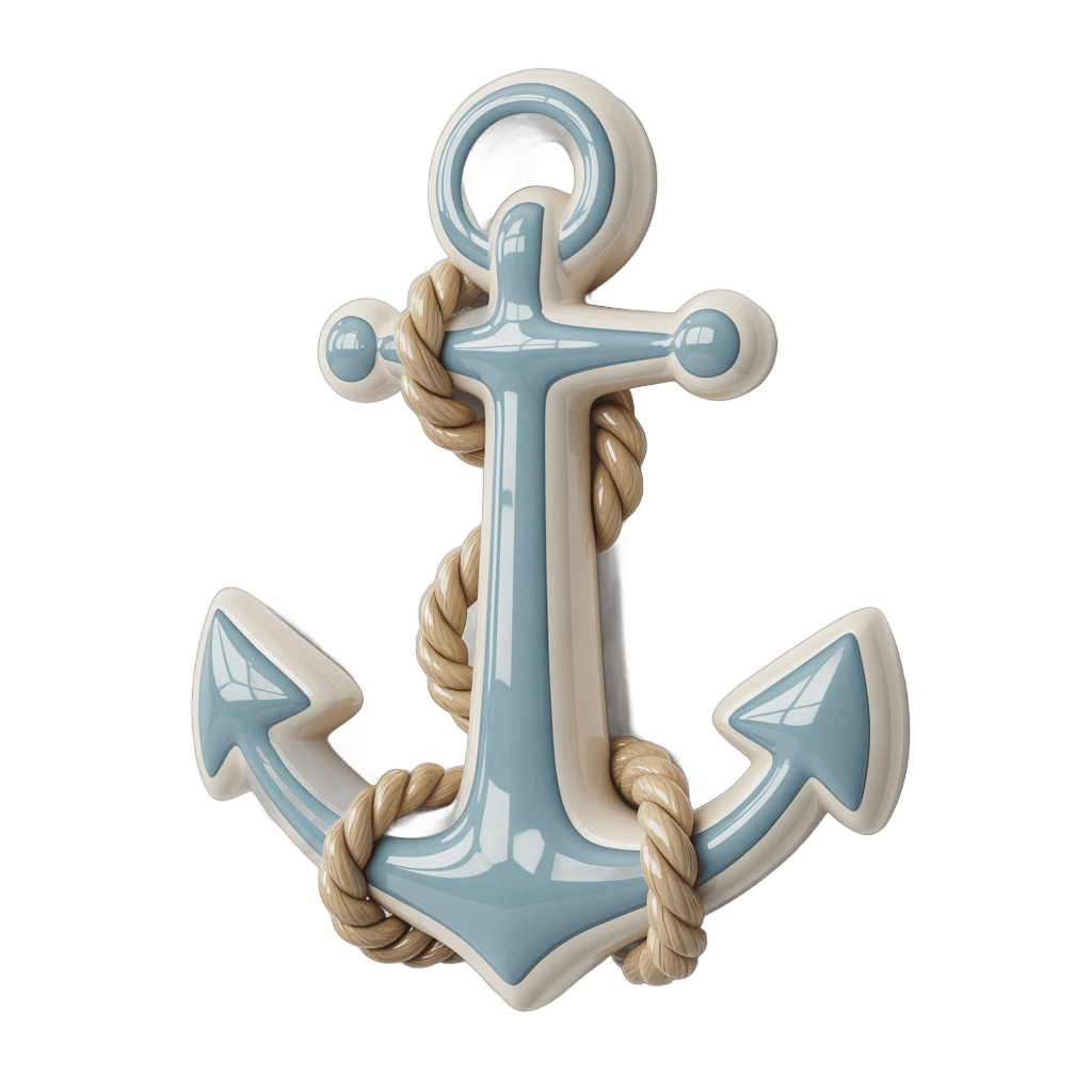 3d cartoon style ceramic anchor graphic element with rope for nautical decor and branding PNG - transparent background