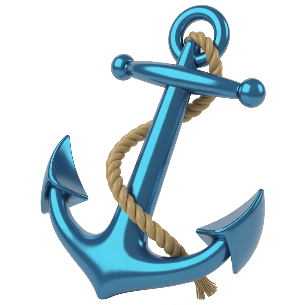 3d cartoon style metallic anchor graphic element for nautical themes and maritime branding PNG - transparent background